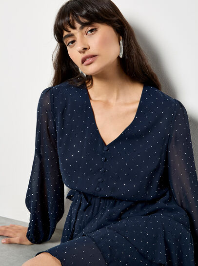 Diamante Embellished Chiffon Tiered Mini Dress