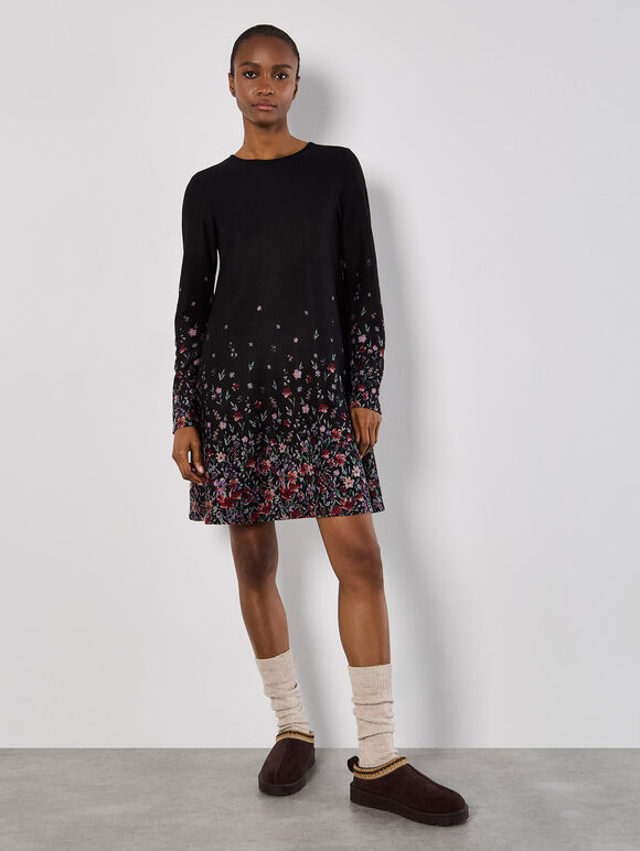 Floral Border Jersey Knit Mini Dress, Red, large