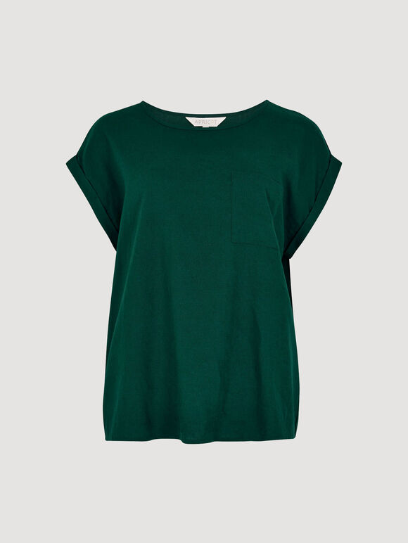 Linen Blend Split Back Oversized Top, Green, large