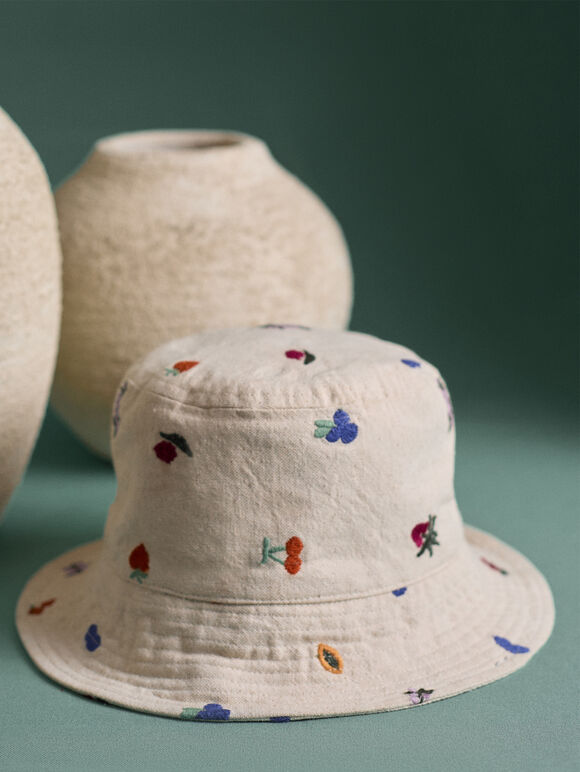 Embroidered Fruit Cotton Bucket Hat, White, large