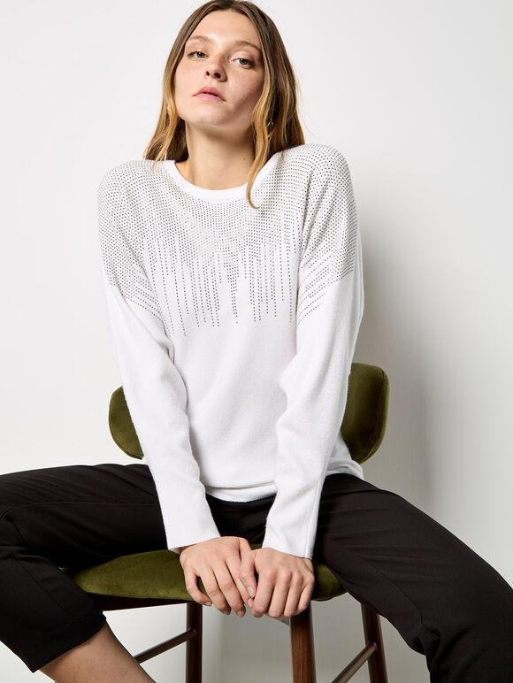 Stud Embellished Batwing Jumper, White, large
