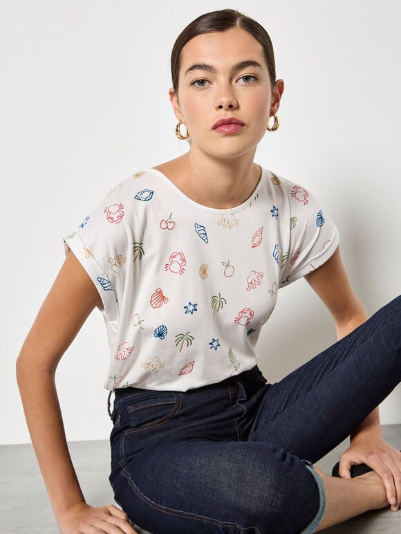 Colourful Tropical Print Jersey T-Shirt, Cream, large