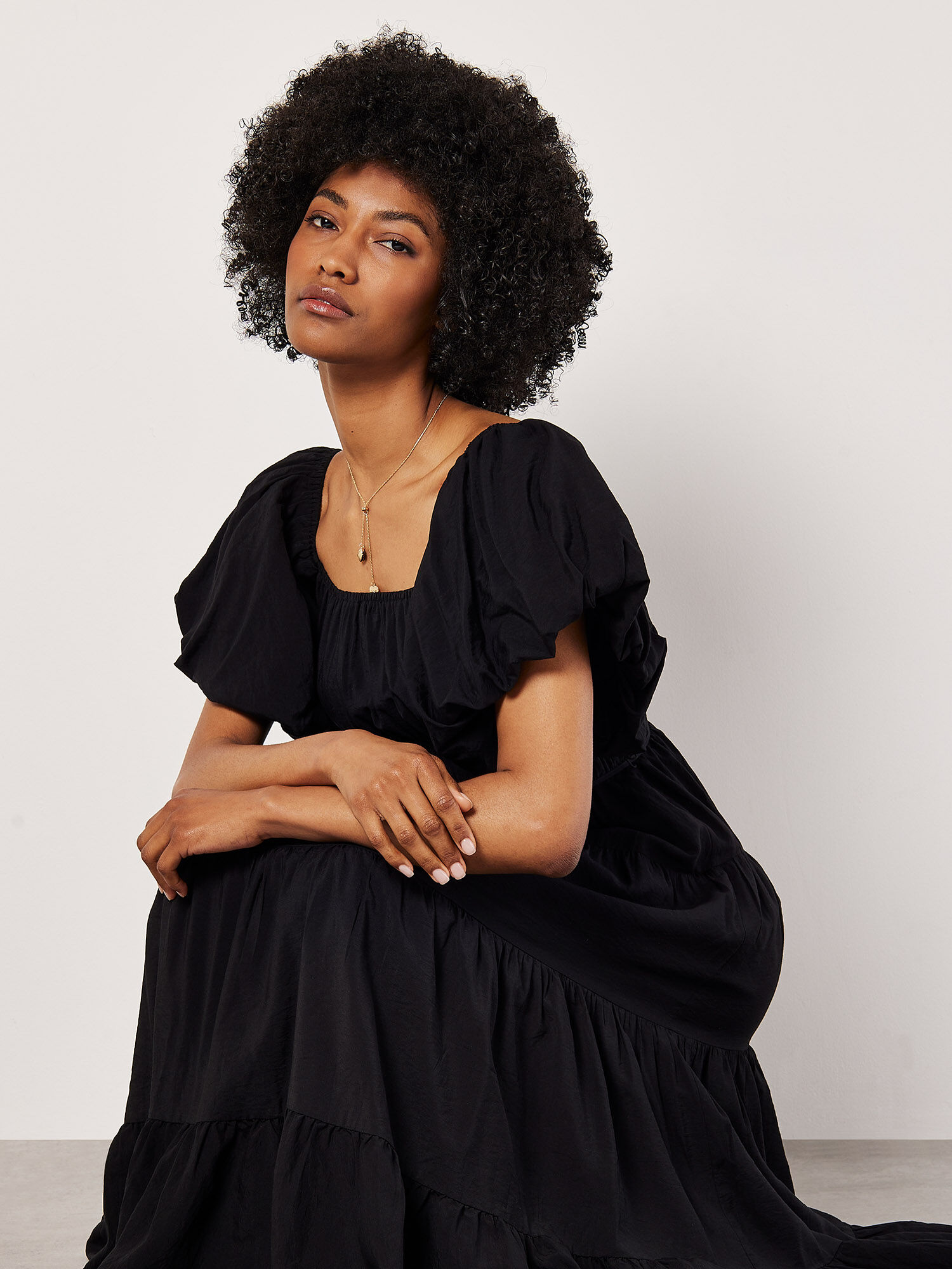 Puff Sleeve Tiered Midi Dress Apricot Clothing