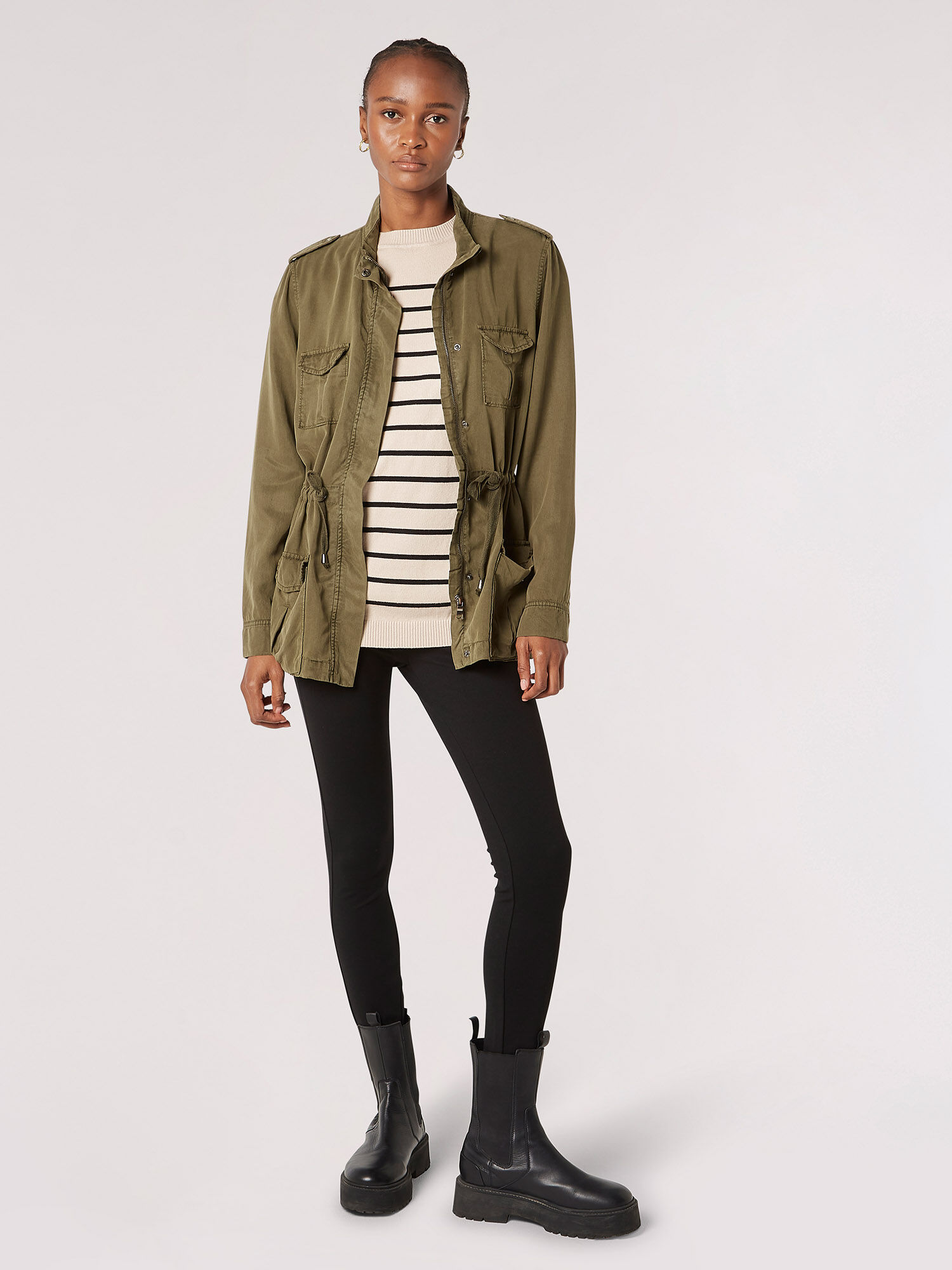 Drawstring Waist Utility Jacket Apricot Clothing