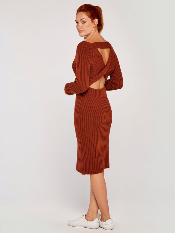 Ribbed Knit Open Back Dress, Rust, large