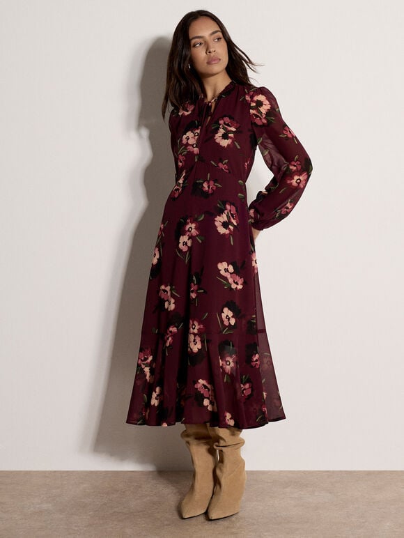 Floral Print Chiffon Midi Dress, Plum, large