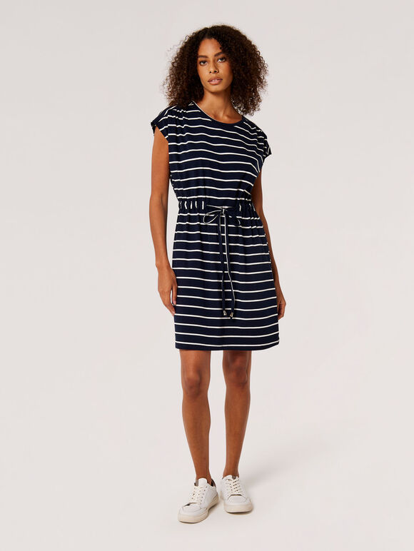 Stripe Drawstring Waist Mini Dress, Navy, large