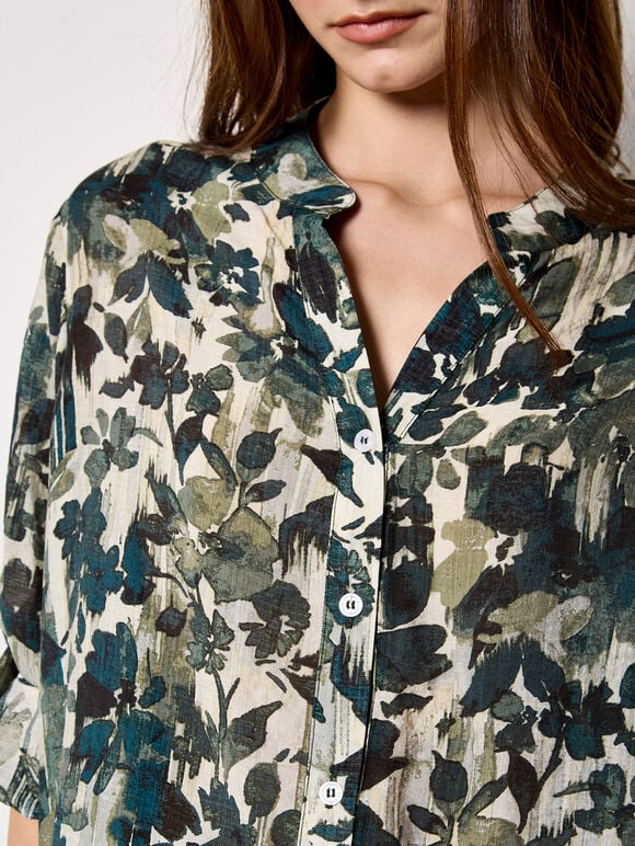 Paintbrush Floral Tunic Shirt, Green, large