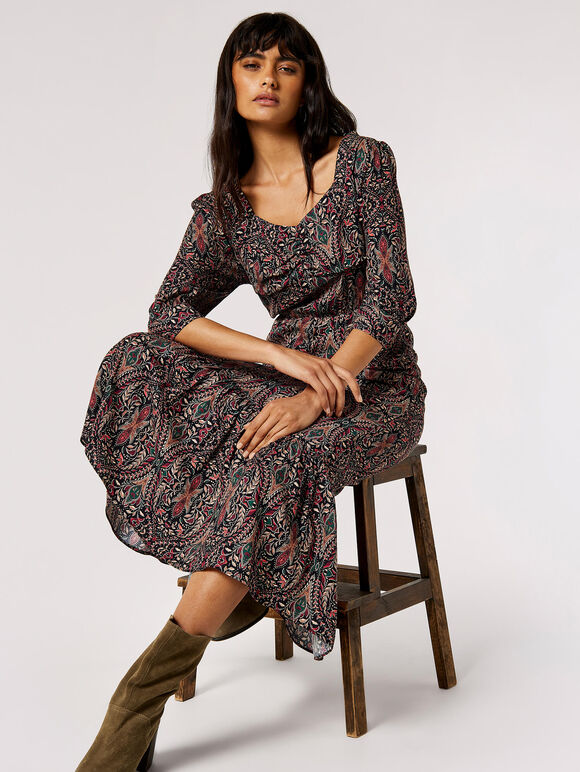 Paisley Print Midi Dress, Black, large