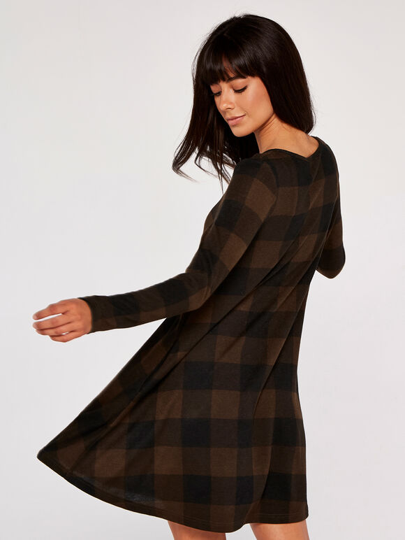 Gingham Long Sleeve Swing Dress, Brown, large