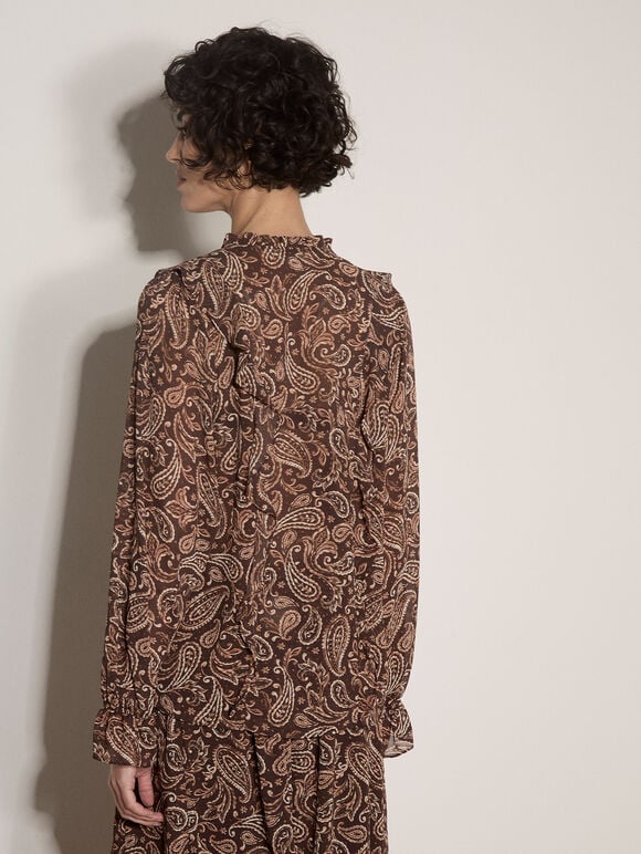 Paisley Chiffon Ruffle Blouse, Brown, large