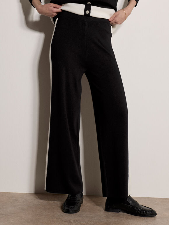Monochrome Stripe Wide-Leg Knitted Trousers, Black, large