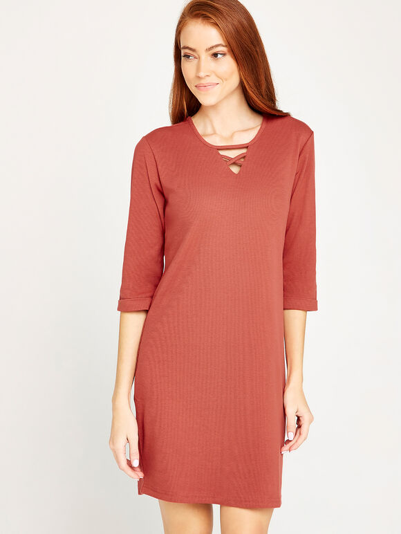 Lattice Front Tunic Dress, Burgundy, large