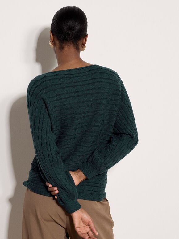 Cable Stripe Batwing Aran Jumper, Pine Green, large