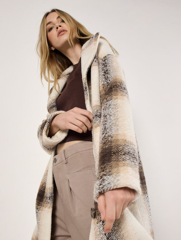 Soft Oversized Check Coat, Cream, large