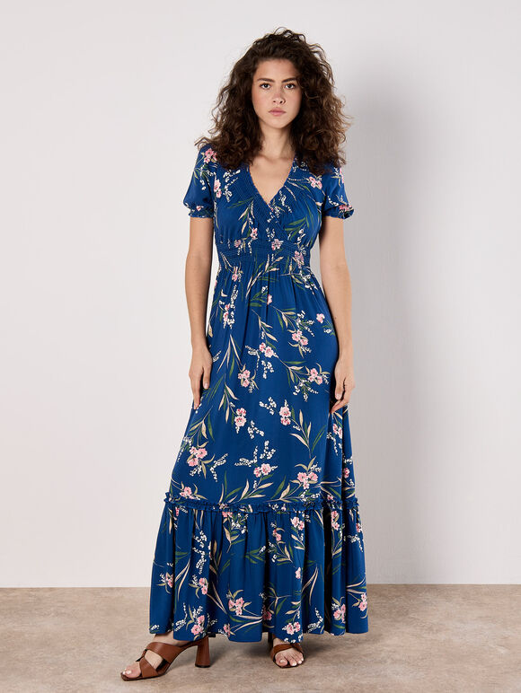 Watercolour Floral Smocked Maxi Dress, Blue, large