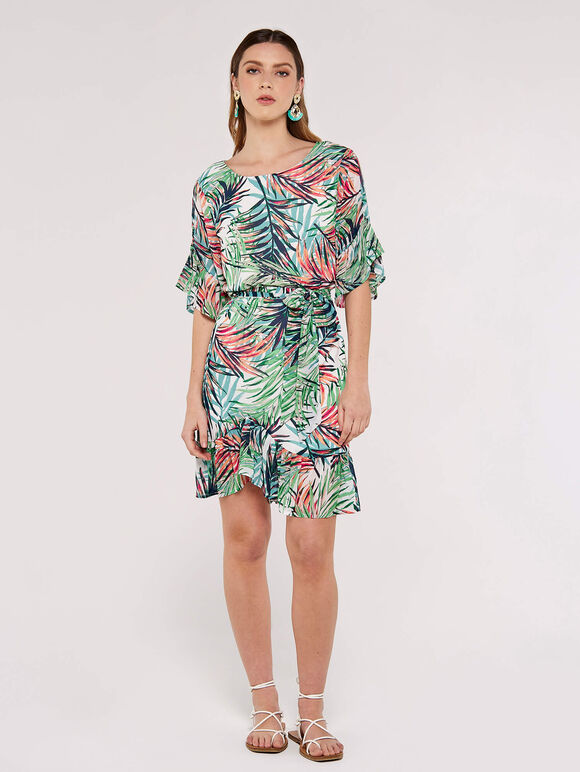 Painterly Tropical Mini Dress, Cream, large