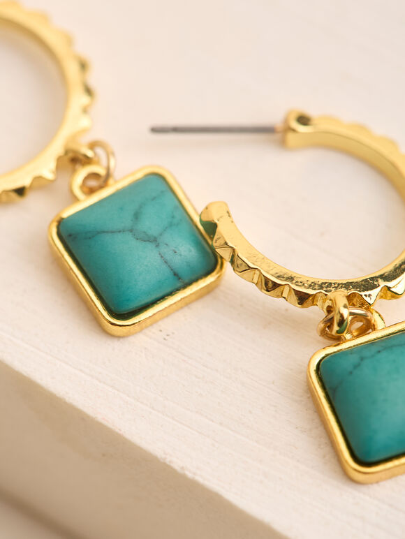 24K Gold Plated Teal Stone Hoop Earrings, Blue, large