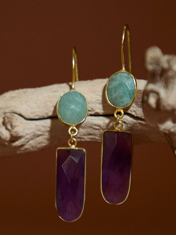 Gold Tone Semi-Precious Stone Drop Earrings, Purple, large
