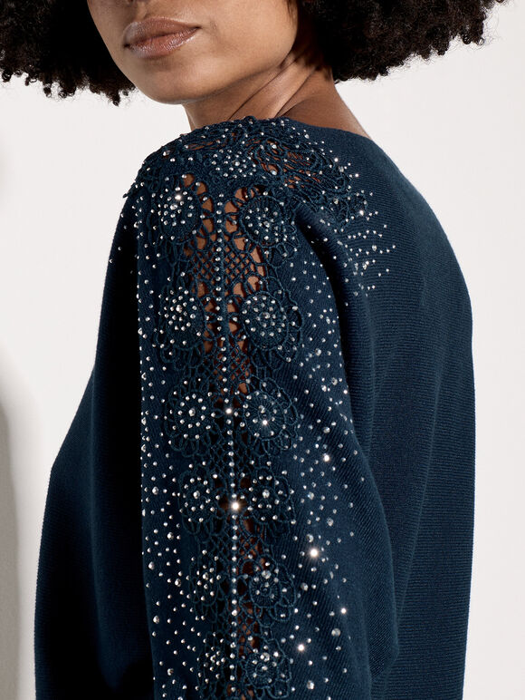 Lace Rhinestone Embellished Jumper, Teal, large