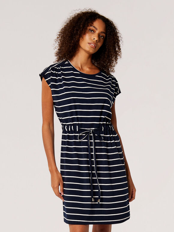 Stripe Drawstring Waist Mini Dress, Navy, large