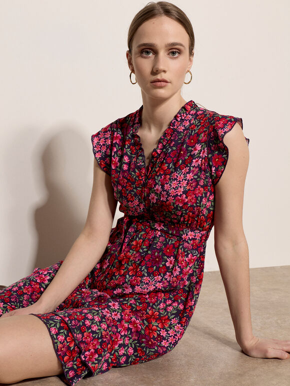 Ruffle Floral Patchwork Mini Dress, Purple, large