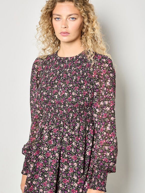 Ditsy Floral Smocked Mini Dress, Pink, large
