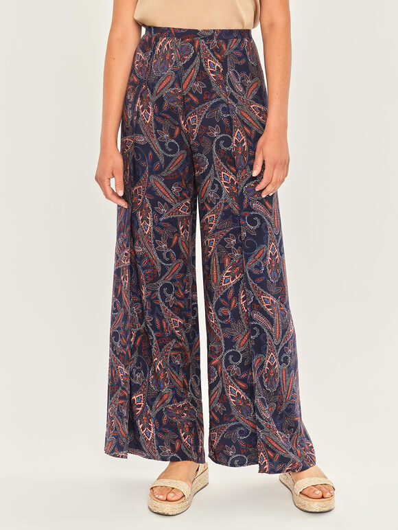 Paisley Wrap Split Leg Trousers, Navy, large