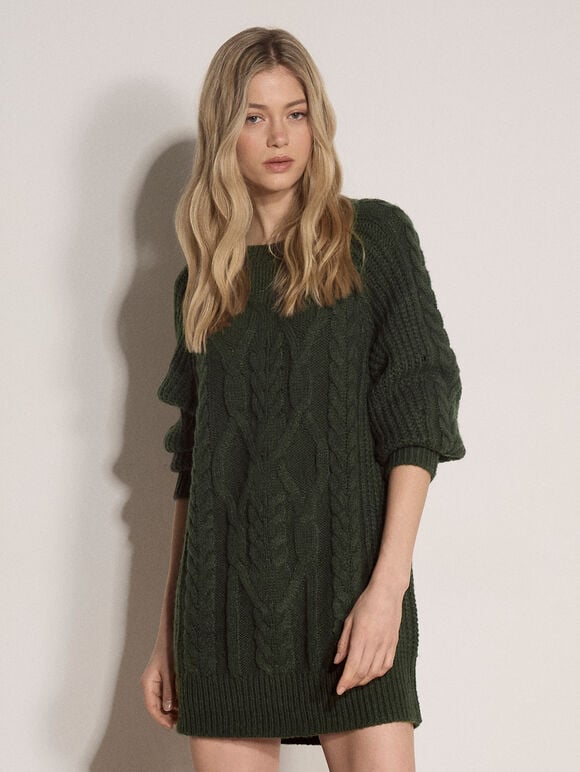 Cable Knit Jumper Mini Dress, Green, large
