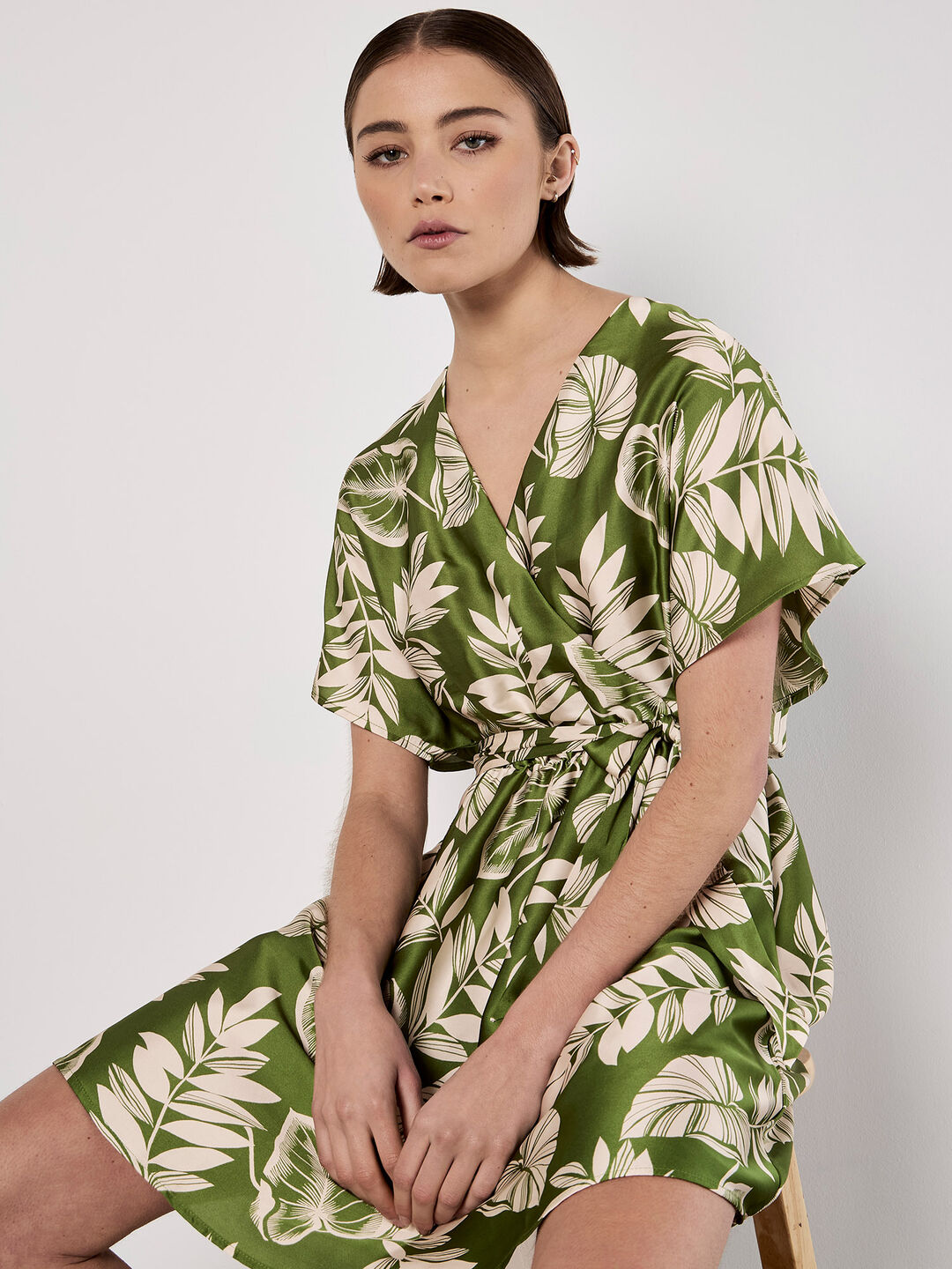 Tropical Leaf Print Satin Mini Dress
