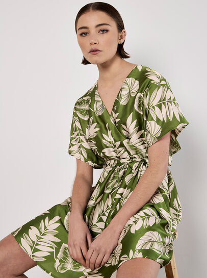 Tropical Leaf Print Satin Mini Dress