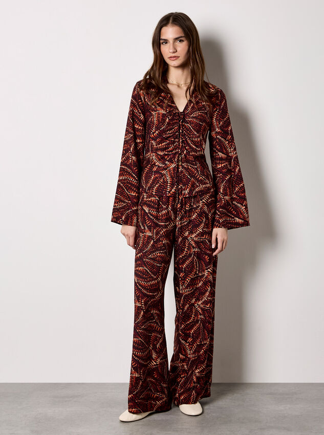 Abstract Print Ruched Front Blouse, Burgundy, large