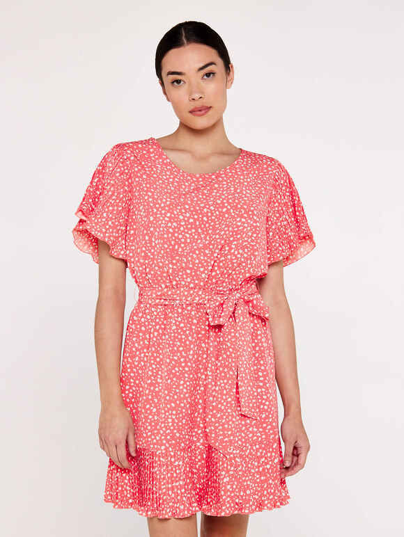 Dot Pleats Details Dress, Coral, large