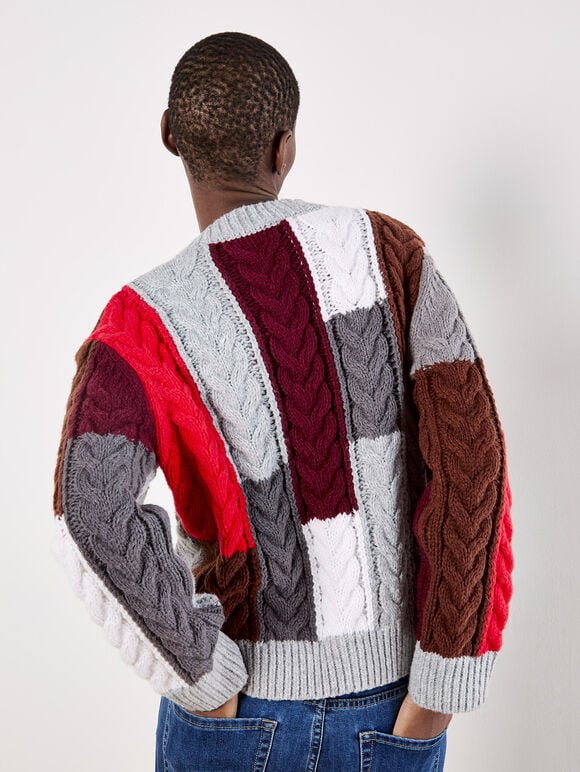 Colour Block Chunky Knit Cable Jumper, Grey, large