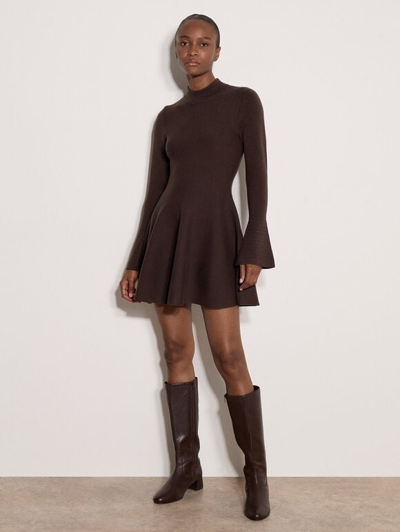 Bell Sleeve Knitted Skater Mini Dress, Brown, large