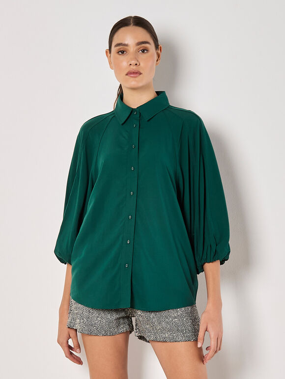Seam Detail Puff Sleeve Shirt, Green, large