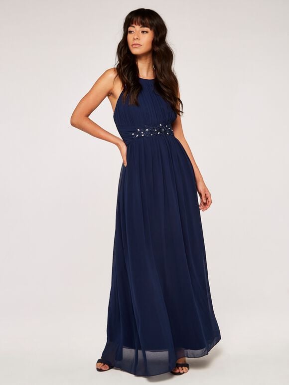 Embellished Waist Maxi Dress, Navy, large