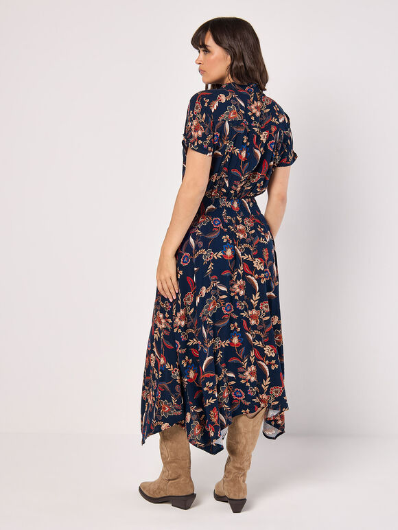 Sarasa Floral Shirt Midi Dress, Navy, large