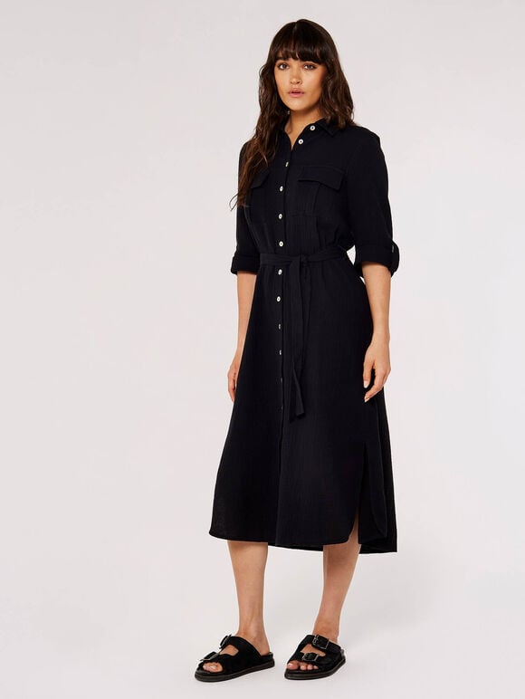 Tera Cotton Shirt Midi Dress, Black, large