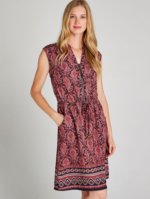 Red  Baroque Border Zip Dress, Red, large