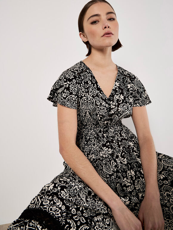 Paisley Print Maxi Dress, Black, large