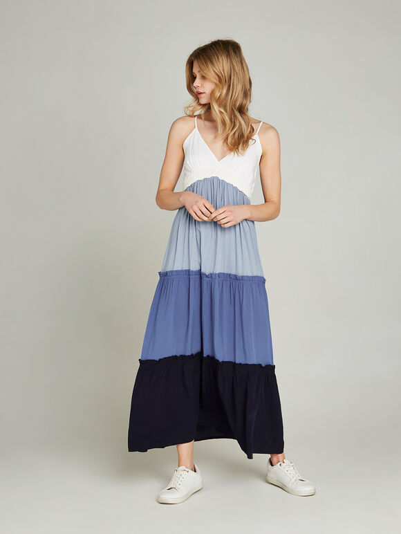 Blue Colourblock Maxi Dress, Blue, large