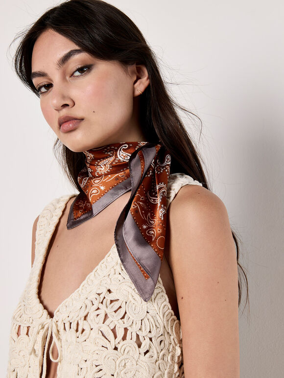 Satin Printed Scarf, Orange, large