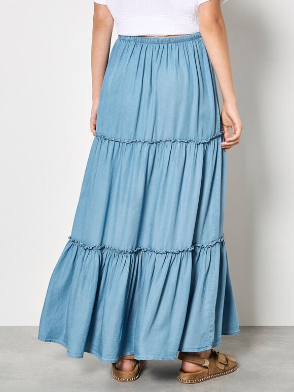 Denim Tiered Maxi Skirt, Blue, large