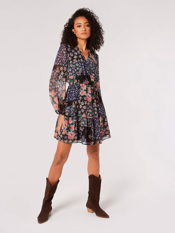 Patchwork Floral Mini Dress, Green, large
