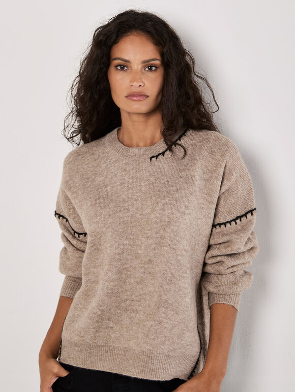 Oversized Stitch Detail Chunky Knit Jumper, Stone, large