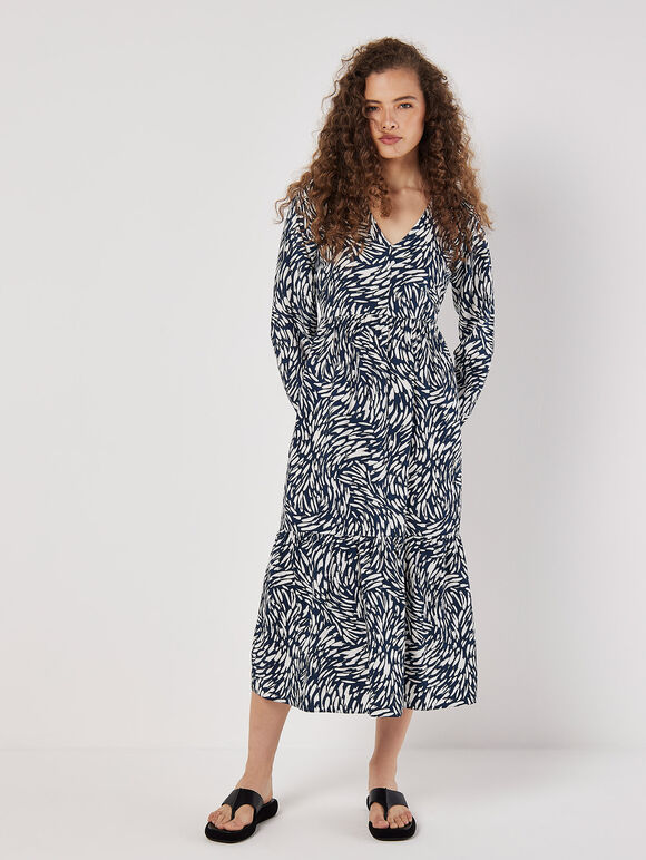 Abstract Animal Print Textured Midi Dress, Navy, large
