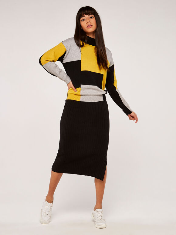 Colour Block Mock Neck Jumper, Mustard, large