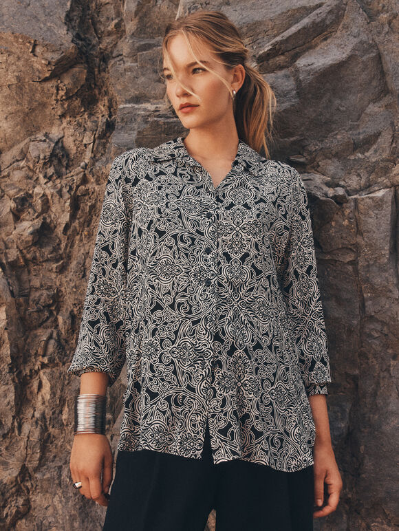 Art Deco Paisley Print Shirt, Black, large