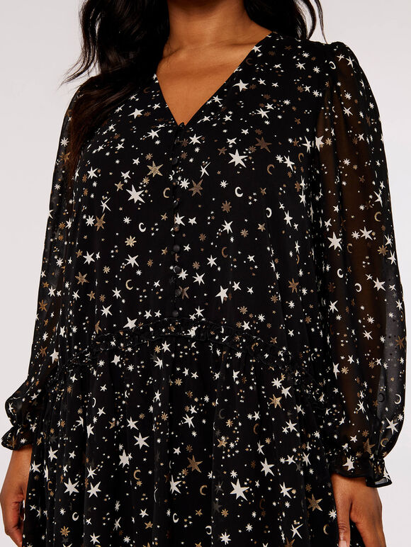 Curve Foil Star Mini Dress, Black, large